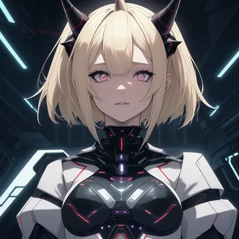 A   with short blonde hair, reaching just above the shoulders. She has a single horn growing from one side of her head. Her eyes are solid black, giving her a mysterious look. She is standing inside a futuristic spaceship, surrounded by high-tech controls,...