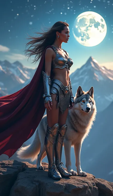 "A breathtaking, bold warrior woman standing in an epic, heroic pose, her toned legs and sculpted midriff exposed through intricately designed armor. Her outfit features shimmering metallic accents, blending beauty and ferocity. Her open stance conveys pow...