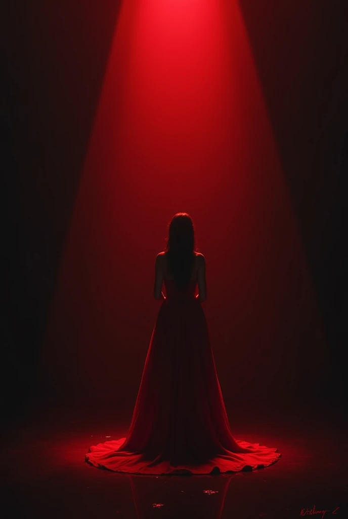 want to create a book cover, in which book is in dark background and a red spotlight falling on it, in which there is written "Betrayal" on top and blood falling from top of book, there is a woman wearing red dress back facing and looking at betrayal (ever...