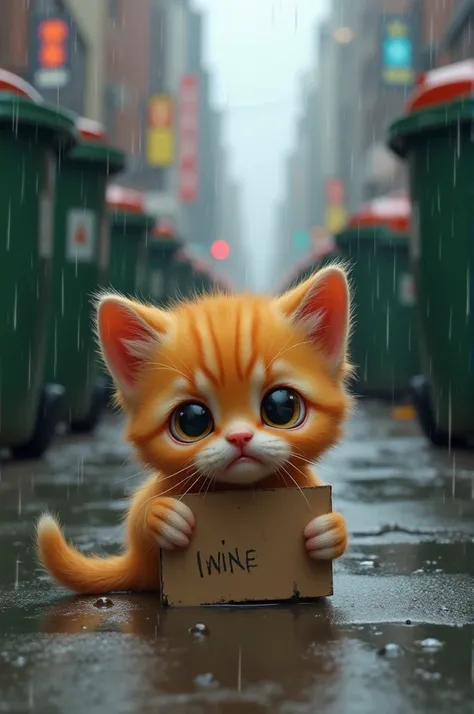 Orange kitten crying in the rain .  Scenario of a sidewalk on a busy avenue ,  with garbage cans scattered on the floor .  Kitten must be lying on the floor crying ,  with tears streaming down its eyes ,  and he must be holding a cardboard with one of his ...