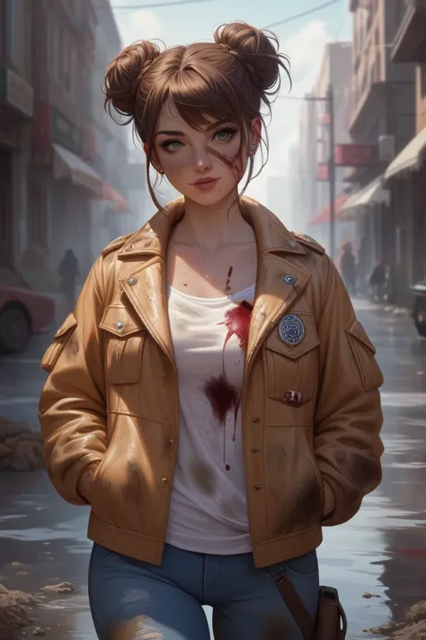  A beautiful and cute girl with long brown hair tied to a messy bun performs in an abandoned city holding an improvised weapon and walking, Your clothes look like those of an apocalypse survivor ,  wearing an aviator jacket over everything,  she is dirty w...