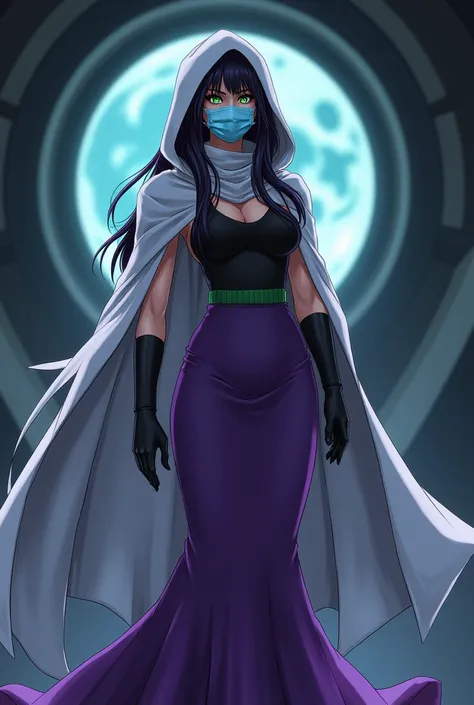 Anime style 
Long hair
Woman
Adult
Human
45 years old 
Evil eyes 
Villain
Light blue Surgical mask
Light blue mask
black hair with dark purple streaks, 
piercing green eyes, 
Black tank top
Black gloves
Green waist
Purple long skirt 
Long skirt 
Mermaid lo...