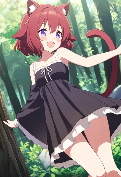  top quality 、 One Girl 、 Anime Paint、 cat ears and tail 、Cute single tusk、Shiny red hair、 short hair、 purple eyes、 in the woods、The sun shines in、 slender body、Slender legs、Tiny breasts、 white and black dress、 open her mouth 、blush、smile