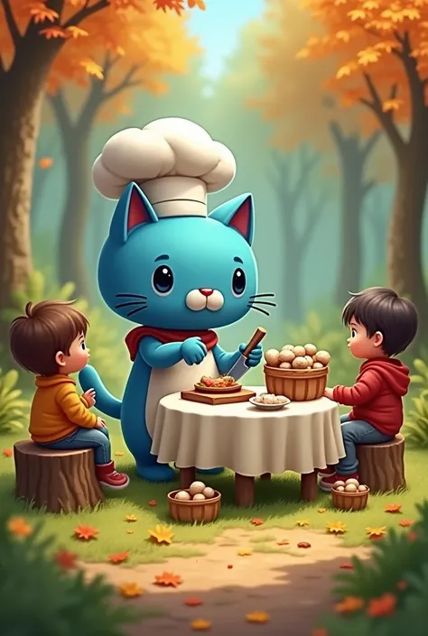 "A vibrant outdoor scene featuring a cartoon-style blue robotic cat dressed as a chef, preparing food at a small cooking station in a forest. The setup includes a white tablecloth on a table, baskets of mushrooms, a cutting board, a plate, and a small gril...