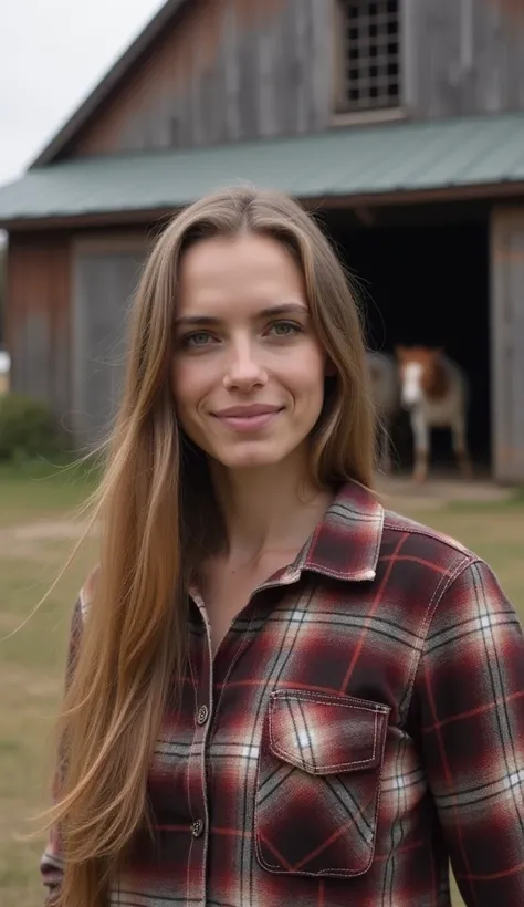 A 37-year-old woman with long straight hair, wearing a plaid shirt, standing in front of a barn.