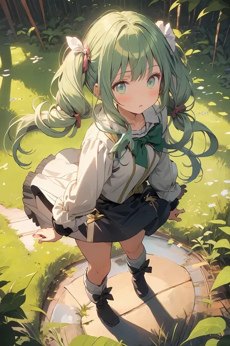 (masterpiece), (best quality), detailed,
1 girl, soro, twintails, long wavy hair twintails.hairs between eyes,dark green eyes ,dark green hair, (magical girl:1.2),
bow, dress, (pink:0.6), over legwear, boots, too many frills, too many bow, standing,striped...