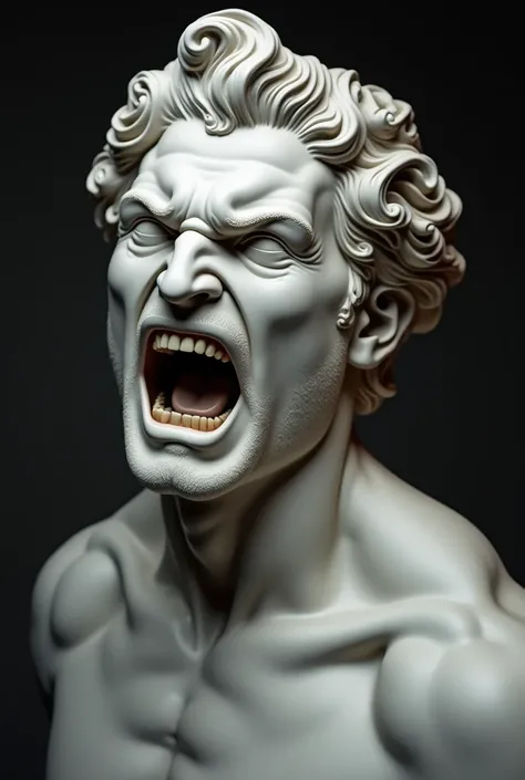 Plaster face of the Greek god Apollo stoic man expression of anger and screaming in anger dark background