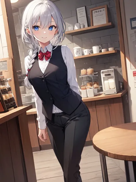  1 girl, solo, Silver Hair, (One braid:1.4),Beautiful breasts, medium breasts,  WHITE SHIRT,Black vest,slacks, blue eyes,Droopy eyes, close your mouth, smiles, seductive smile, is standing,Hands Behind Back, high res,  coffee shop,noon, top quality ,  anat...