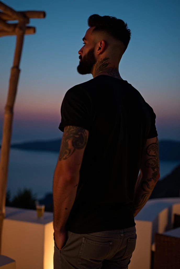  Focus on a man with his back making a pose with his hands in his pockets looking at the horizon in a relaxed moment,  the image is at a distant angle showing him standing in silhouettes and with a shadow of light reflecting on him. The nighttime ambience ...