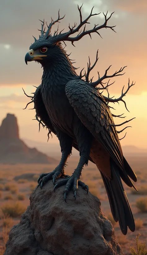 "A hyper-realistic hybrid of a thornbush and a hawk, captured in a wide-angle shot as it perches on a jagged rock overlooking an arid wasteland. The creature has the sleek body of a hawk, but its feathers are replaced by thorny, branch-like structures that...