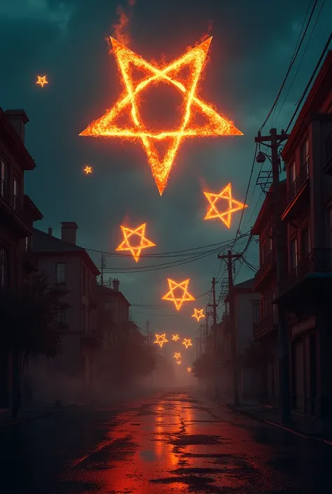 I was out on the street at night ,  when several fire portals in the sky suddenly appeared scattered in the shape of hexagrams