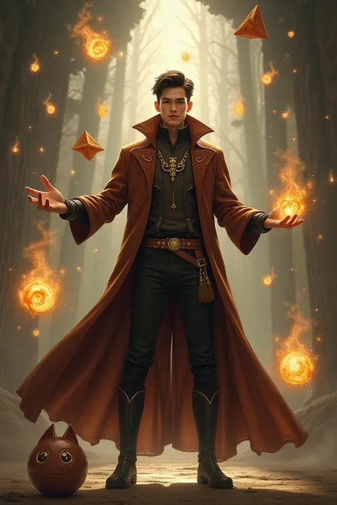 Handsome HOT NERDY Danish TEEN YOUNG Man. Wizard. Full body. Object Wizard Hero Costume. He creates objects. Color BROWN Costume. THINK OUTSIDE THE BOX. He has a PET ORB THAT HAS A SMILEY FACE.