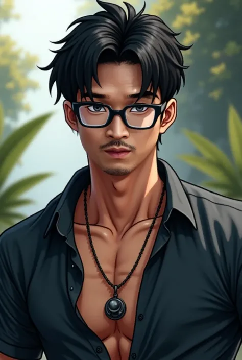 A muscular man,asian,Thai,black comma hair,cool,confidence face,flown,smirk,23 years old,realistic,handsome,glasses,shirt,necklace