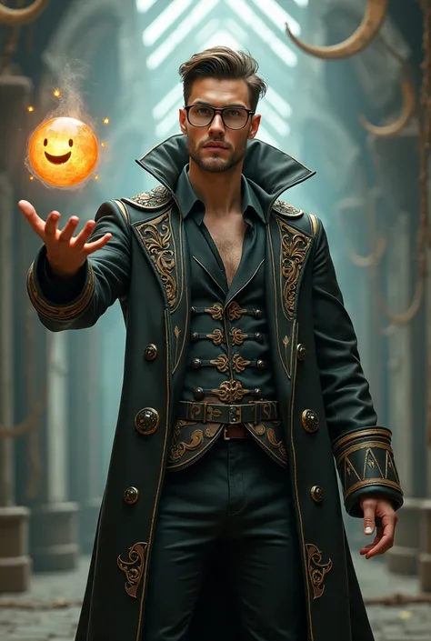 Handsome HOT Danish TEEN YOUNG Man. Wizard. Full body. Object Wizard Hero Costume. He creates objects. Glasses Color BROWN Costume. THINK OUTSIDE THE BOX. He has a PET ORB THAT HAS A SMILEY FACE.