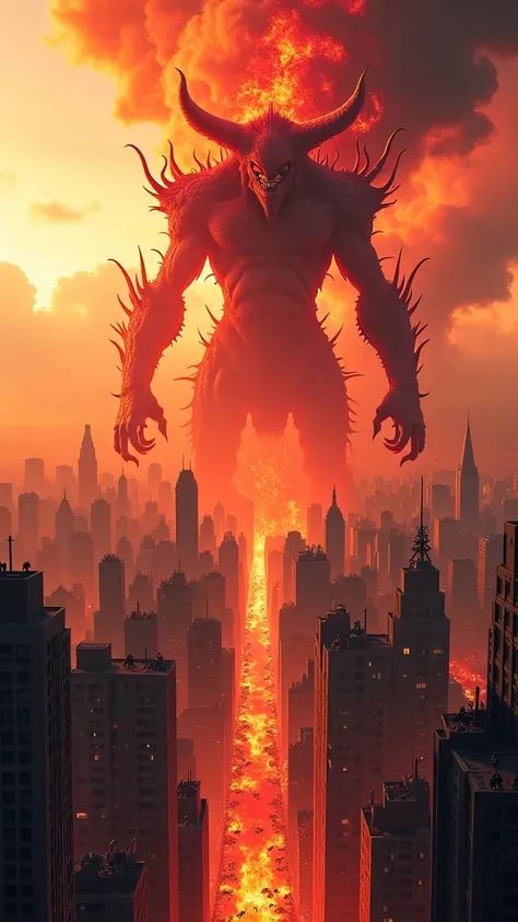 A city being destroyed in flames by a giant red demon, seen from above 