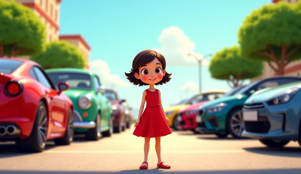  girl in a little red dress with short hair in her luxurious parking place with her family of mom dad and little brother animated image