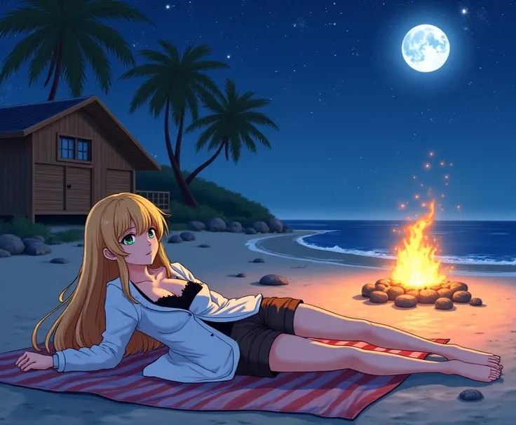  A 17-year-old anime-style lady , To Love Ru,  she is lying on her side under a blanket in the sand at Odiaba Beach in Tokyo,  behind her there is a wooden cabin with few people ,  palm trees in the surrounding area and some stones of different sizes , nex...