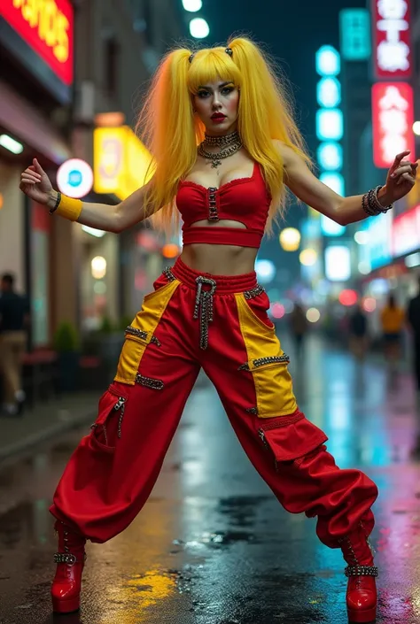 
"A stunning drag queen with pale skin and striking white makeup, performing with dynamic pirouettes and acrobatic tricks. She is dressed in an edgy, Y2K-inspired urban streetwear outfit: a loose red top with chains and cutouts, paired with red and yellow ...