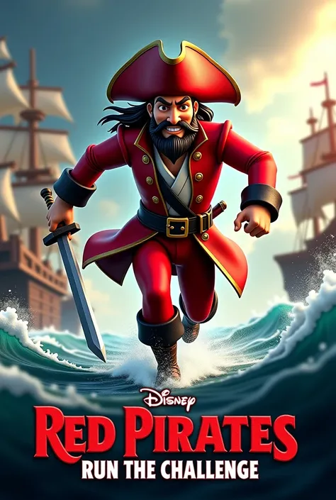 An advertisement for a running competition written Red Pirates Run the Challenge ,  in red and black with the image of a pirate running in Disney 3d animation style 