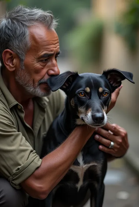 As Pedro, male, BROWN skin, BRAZILIAN, 72 years old, dark brown eyes, GRAY short hair, simple worn clothing, no adornments. names the dog “Valente, male, DARK FUR, STRAY DOG,  (approx.), amber eyes, SHORT fur, no clothing, no adornments.,” he gently scratc...