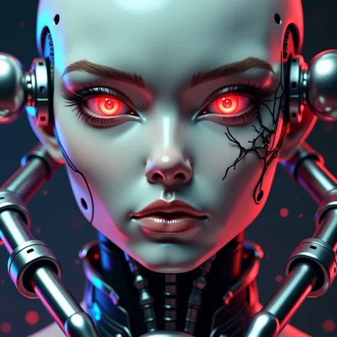 A futuristic female android with a sleek, glossy, completely white shell and a bald head. Her face is partially human, with intense glowing red eyes, while the rest of her head and upper body are fused with intricate mechanical components. Prominently, a m...