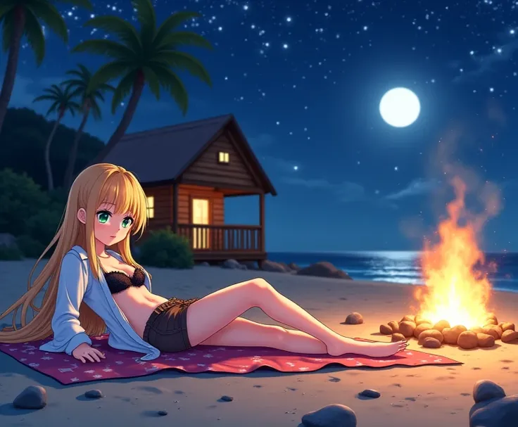  A 17-year-old anime-style lady , To Love Ru,  she is lying on her side under a blanket in the sand at Odiaba Beach in Tokyo,  behind it is a wooden cabin with few people ,  palm trees in the surrounding area and some stones of different sizes, next to it ...