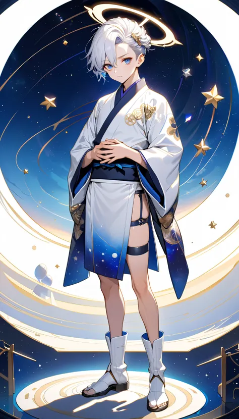 Fresh illustration,
Ultra-fine drawing,
Very delicate illustration,
Very fine details,
One boy,
Full body,
Standing motionless,
Arms slightly open,
Height 158cm,
Fair skin,
Right eye is purple,
Left eye is blue,
Odd eyes,
Heterochromie iris,
Beautiful eyes...