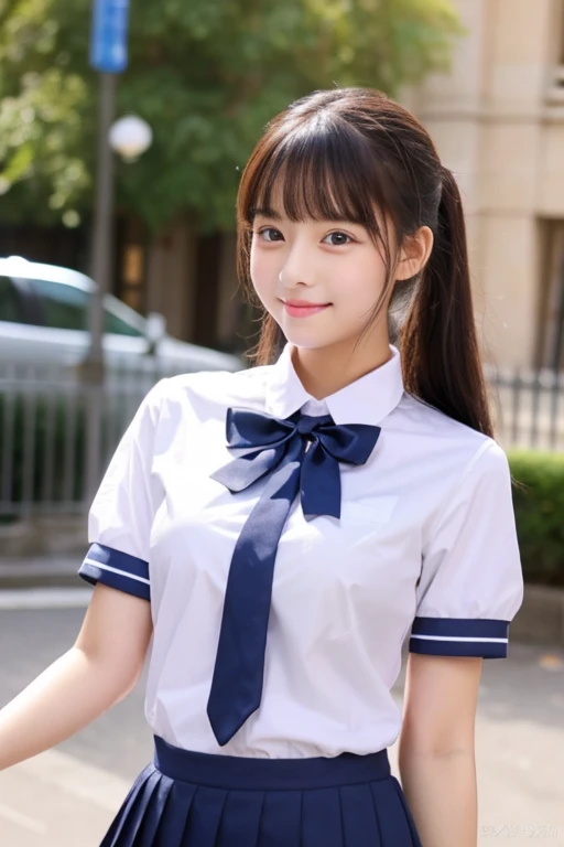  College Student 、 girl 、 are so cute、 beauty、uniform with shirt and bow、 high image quality、1 person