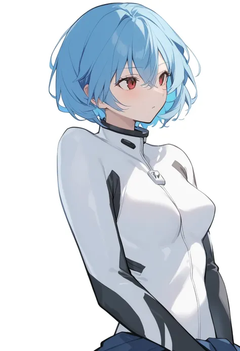  One Girl ,  Shikinami Asuka Langley, Alone,  red eyes,  plug suit ,  short hair,  blue hair, Chest,  bodysuit ,  upper body, White background, white  bodysuit ,  simple background,  interface headset with clothes off to waist, bangs, Shut up,  hair betwee...