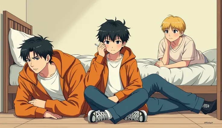 Create a manga style image with an 18-year-old teenager, a man in an orange coat, slightly yellow hair lying on the floor smoking and another slightly chubby, sitting on the bed. 