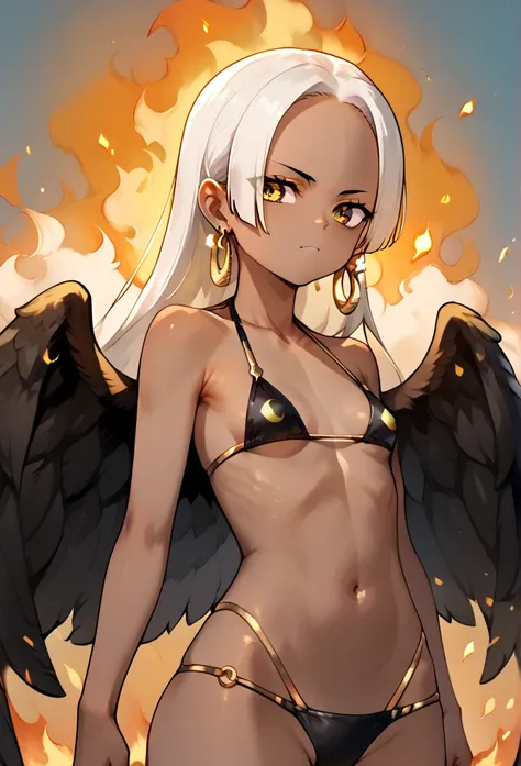 score_9, score_8_up, score_7_up, score_6_up, score_5_up, score_4_up, source_anime, aasnake, long hair, white hair, dark skin, earrings, yellow eyes, symbol-shaped pupils, black wings, small breasts, fire, bikini , 