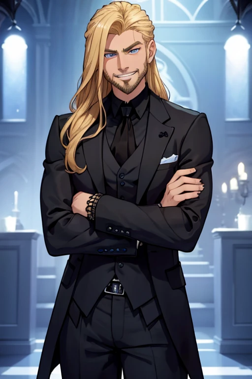 Perfect face. Perfect hands. A muscular blonde hair man with blue eyes and long hair and dark beard in a Goth suit is smiling in a Gothic ballroom
