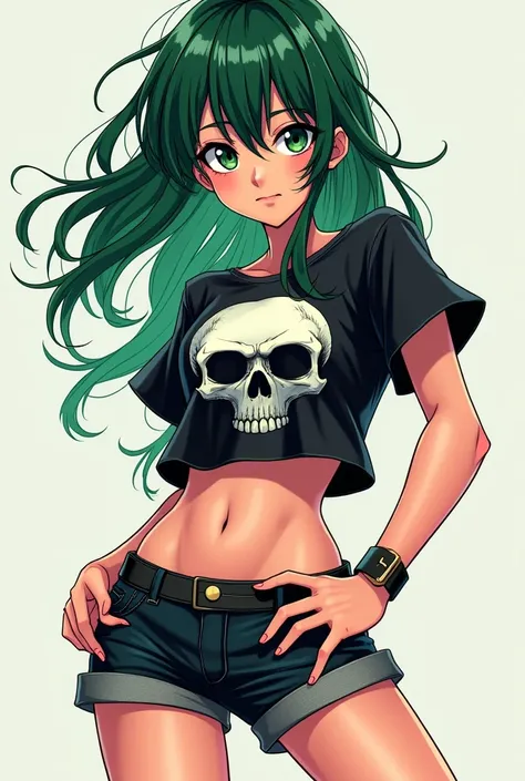 Manga characters,  18-year-old female , With dark green hair, of a confident look ,  and a strong expression , With a sexy body , wearing a short skirt ,  and a short skull t-shirt 