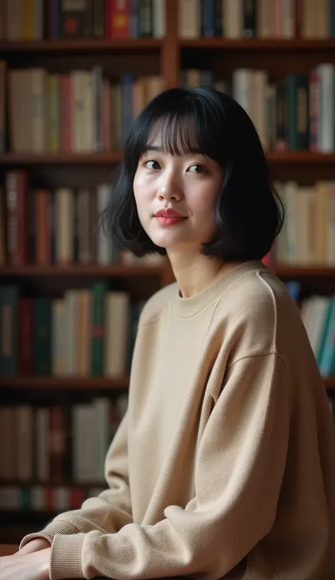 A 36-year-old woman with short black hair, wearing a beige sweater, sitting in a cozy library surrounded by books.