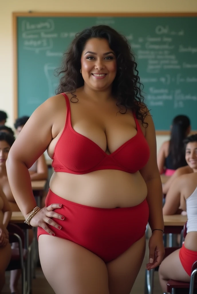 A chubby Bbw woman in only panties and bra 
Thread high waist panties 
Bulging bra 
Both the panties and the red bra 
Big belly 
Big boobs 
In a classroom teaching the s 
And the students are also wearing only panties and bras