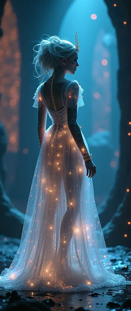 foreground:1.5, (tangled, , Fractal, grid), (surreal Fractal art:1.3), ( Mechanical bioluminescent elf princess beautiful elf dress:1.5), ( Very detailed , 8k, beautiful epic scene, darkness), ( photorealistic,  cinematic light , dramatic,  impressive comp...