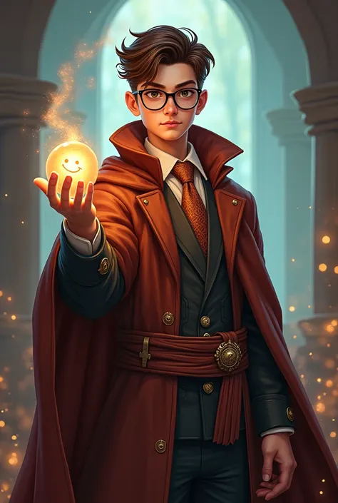 Handsome HOT Danish TEEN YOUNG Man. Wizard. FULL BODY. Object Wizard Hero Costume. He creates objects. Glasses. Color BROWN Costume. THINK OUTSIDE THE BOX. He has a PET ORB THAT HAS A SMILEY FACE.