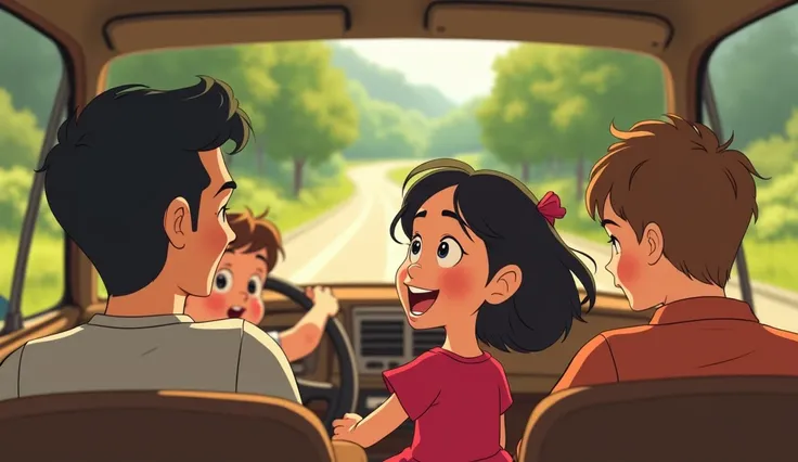  girl in a little red dress with short hair in travelling in car with family of mom dad and little brother animated image