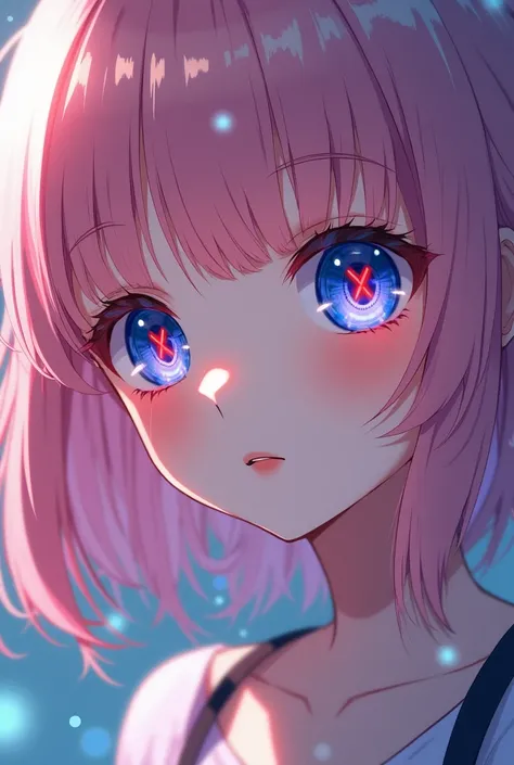 An anime girl with pink hair and blue eyes that has a crimson x pattern in the irises. The crimson x pattern is thick in the middle but gets thinner the farther it gets from the middle.