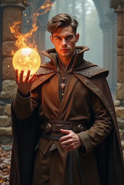 Handsome HOT Danish TEEN YOUNG Man. Wizard. FULL BODY. Object Wizard Hero Costume. He creates objects. Glasses. Color BROWN Costume. THINK OUTSIDE THE BOX. He has a PET ORB THAT HAS A SMILEY FACE. REALISM