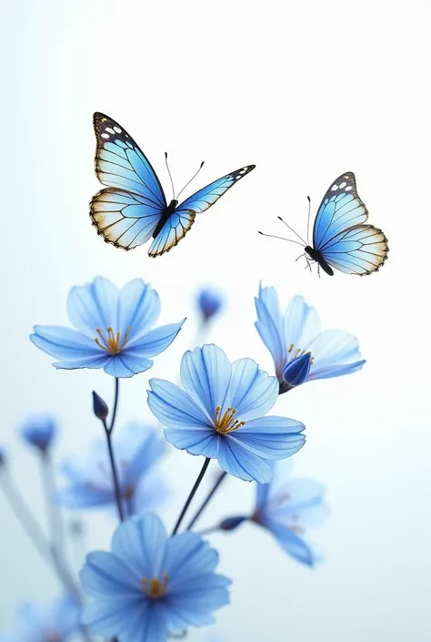 Paper with white background ,  2 butterflies blue with gold,  flowers blue with gold  