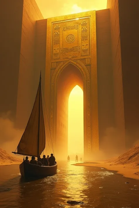  is a huge giant sand ditch filled with darkness and has a sailboat with five men .  at the end of this ditch is a giant golden gate 50 meters long and 20 meters wide open filled with distinctive inscriptions and behind it a strong light appears .... The b...