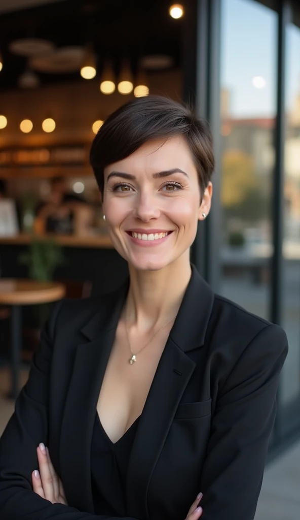 A 36-year-old woman with a pixie haircut, wearing a black blazer, posing in front of a coffee shop with a modern urban backdrop.