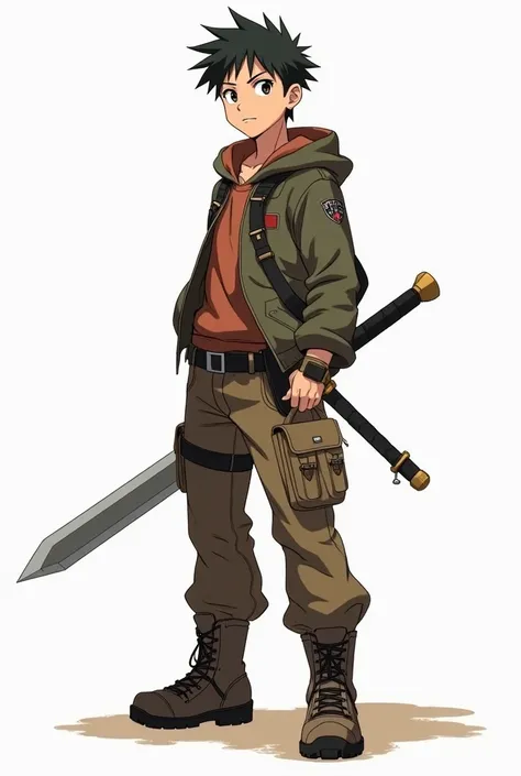  Slim boy dressed in a jacket,  holding sword  ,  pants with pockets , anime style heavy-duty boots
