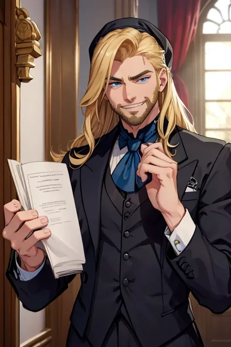 Perfect face. Perfect hands. A muscular blonde hair man with blue eyes and long hair and dark beard in a Goth suit is smiling in a Gothic ballroom
