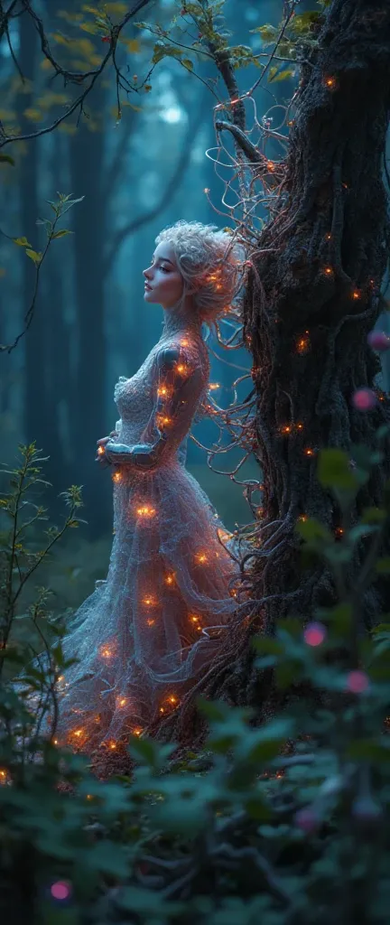 foreground:1.5, (tangled, , Fractal, grid), (surreal Fractal art:1.3), ( Mechanical bioluminescent elf princess beautiful elf dress looking out from behind a tree:1.5), ( Very detailed , 8k, beautiful epic scene, darkness), ( photorealistic,  cinematic lig...