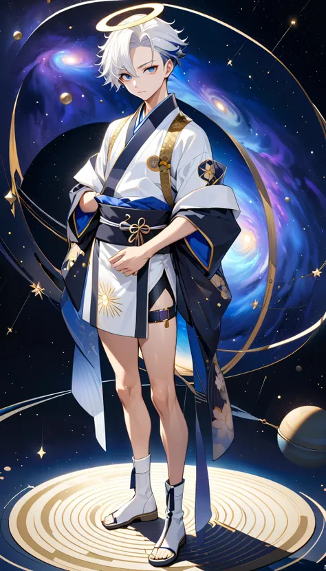 Fresh illustration,
Ultra-fine drawing,
Very delicate illustration,
Very fine details,
One boy,
Full body,
Standing motionless,
Arms slightly open,
Height 158cm,
Fair skin,
Right eye is purple,
Left eye is blue,
Odd eyes,
Heterochromie iris,
Beautiful eyes...
