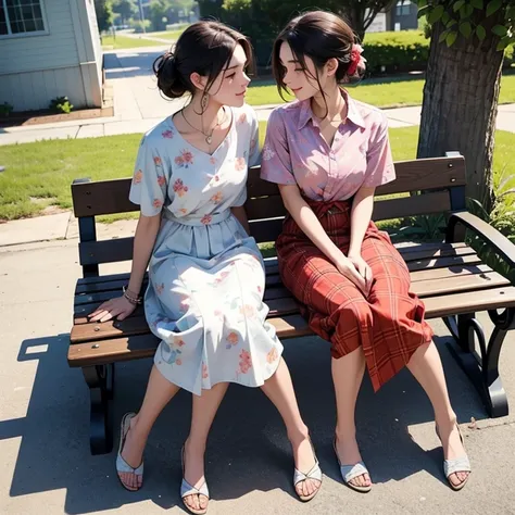 In sun set time. From above view, from camera is on tree branch, of a young man and a young beautiful woman are talking and sitting on a bench. Both are laughing. Showing full bodies of a couple. Girls chin rest on her palm, elbow is rest on knee.

Man boy...