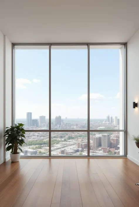 Create a realistic HD photograph taken in a beautifully decorated, extremely clean room with large windows showing views of the Boston skyline.