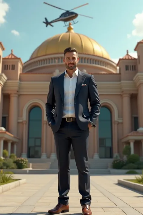 A successful man in Germany in front of a Kyrgyz car house and helicopter